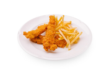 Crispy chicken strips with golden fries served on a white plate