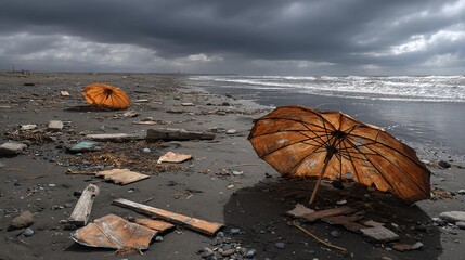 Two broken orange umbrellas on a dark, debris-strewn beach under a stormy sky, depicting desolation, coastal decay, post-storm landscape, and abandoned objects.