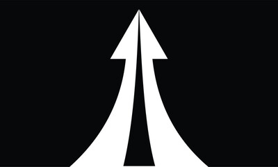 Two white half arrows coming together and merging, forming a single arrow on a background.