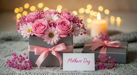 A mothers day gift with pink roses, a candle, and a card on a decorated table