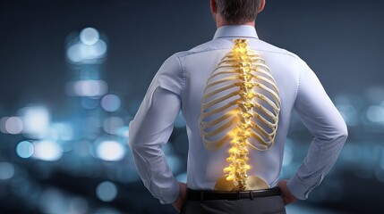 Man with spine model showing lower back pain points.