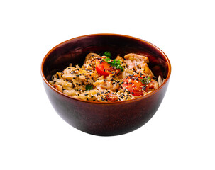 Delicious bow with noodles, vegetables, and spices served warm