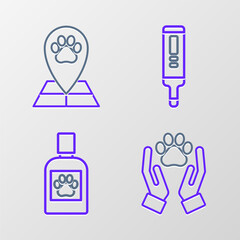 Set line Hands with animals footprint, Dog medicine bottle, Medical digital thermometer and Map pointer veterinary hospital icon. Vector