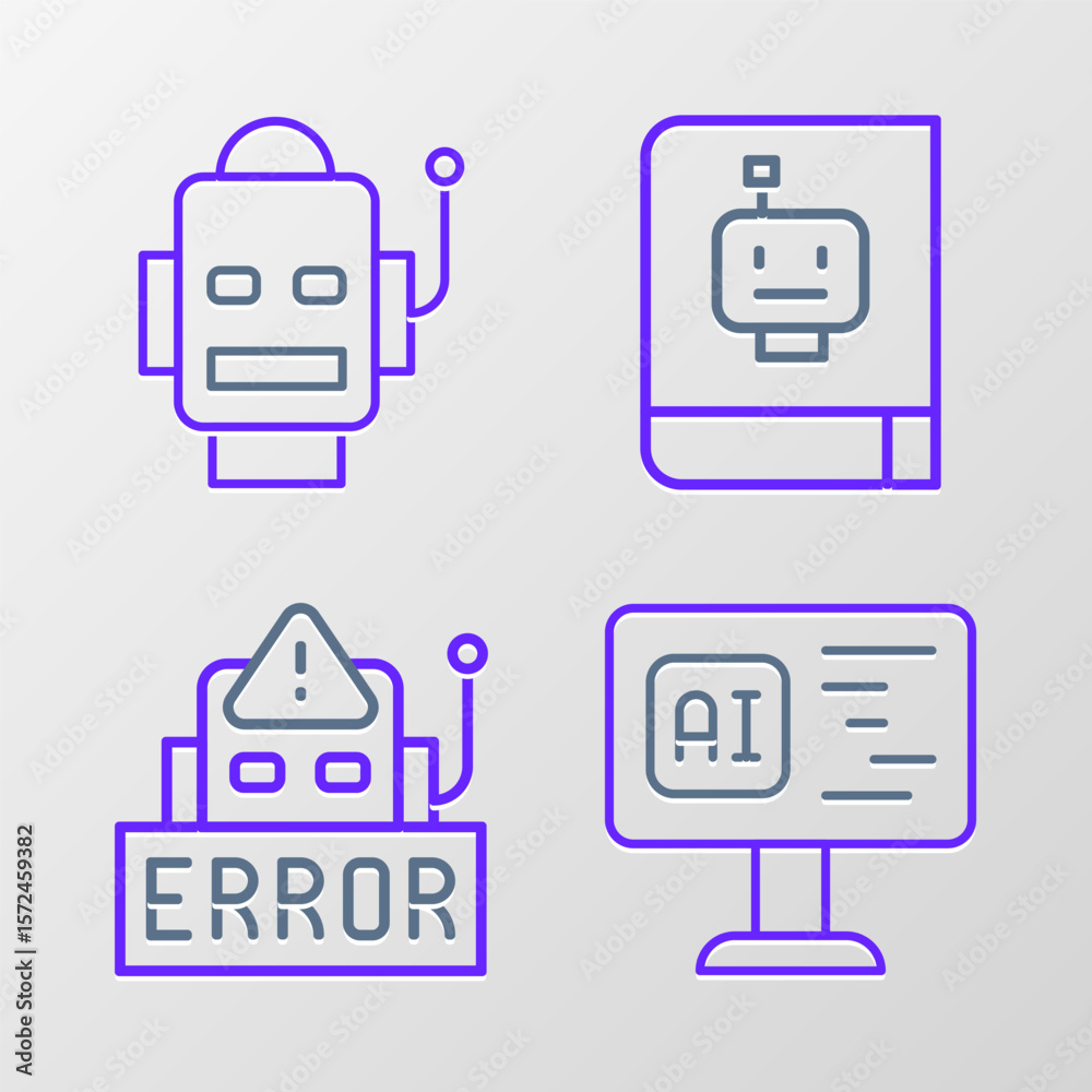 Poster set line software, error in robot, user manual and robot icon. vector