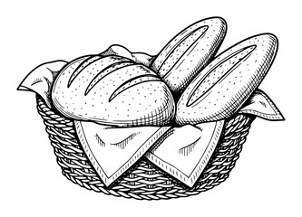 bread basket with baguette loaves hand drawn sketch vector