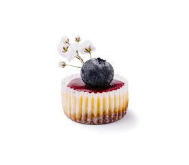 Delicious dessert with blueberry topping and delicate floral decoration