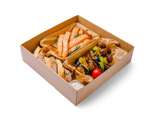 A cardboard lunch box containing grilled salmon fillets garnished with rosemary, colorful grilled...