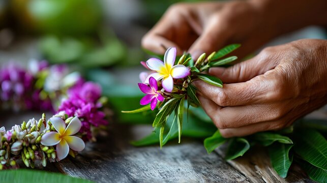 Close-up of hands crafting a floral garland with plumeria flowers, traditional flower arranging, Hawaiian lei making, cultural craft activity, and tropical floral art.