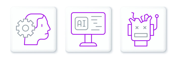 Set line Broken robot, Humanoid and Software icon. Vector