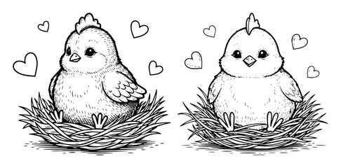 cute baby chick in nest hand drawn vector illustration