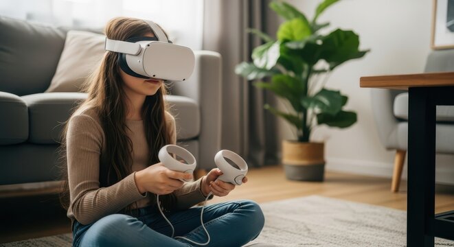 A young woman is immersed in virtual reality with a vr headset and controllers at home