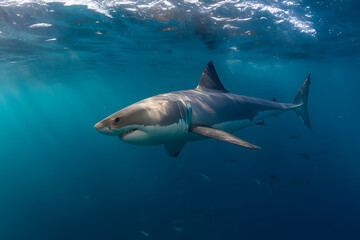 Magnificent Great White Shark Swimming Underwater in Deep Ocean for Marine Life and Wildlife Exploration