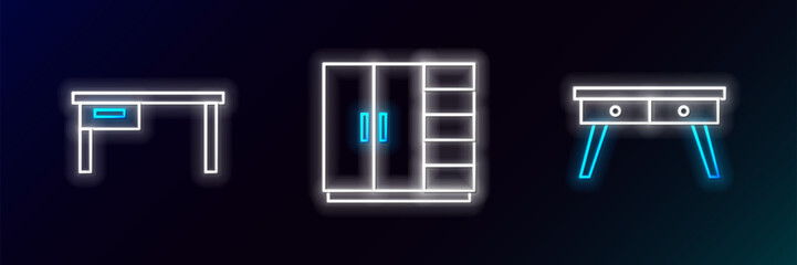 Set line Office desk, and Wardrobe icon. Glowing neon. Vector