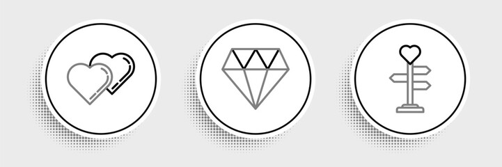 Set line Signpost with heart, Two Linked Hearts and Diamond icon. Vector