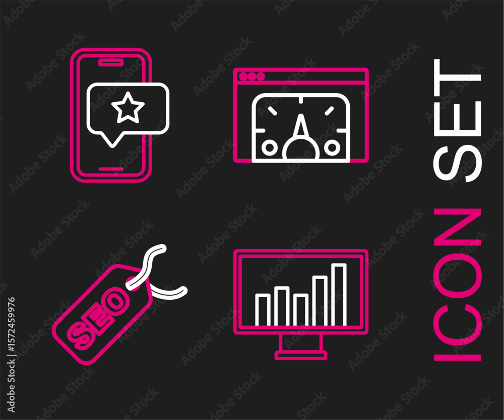 Fototapete set line monitor with graph chart, seo optimization, website statistic and mobile review rating icon