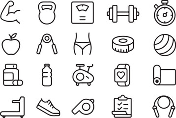 Fitness vector icon set design with hand-drawn symbols and black sketch illustrations