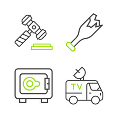 Set line TV News car, Safe, Broken bottle as weapon and Judge gavel icon. Vector