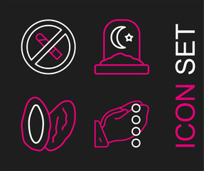 Set line Hands in praying position, Date fruit, Muslim cemetery and No Smoking icon. Vector