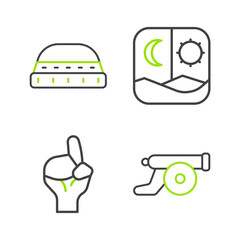 Set line Ramadan cannon, Hands in praying position, fasting and Muslim hat for prayer icon. Vector