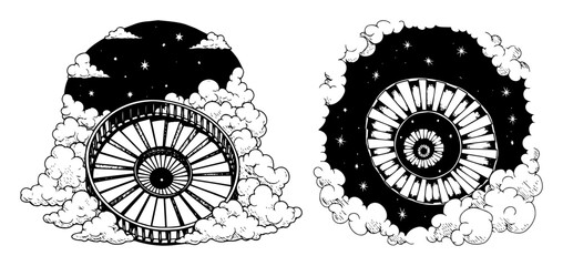 spoked wheel in cosmic cloud scene hand drawn vector