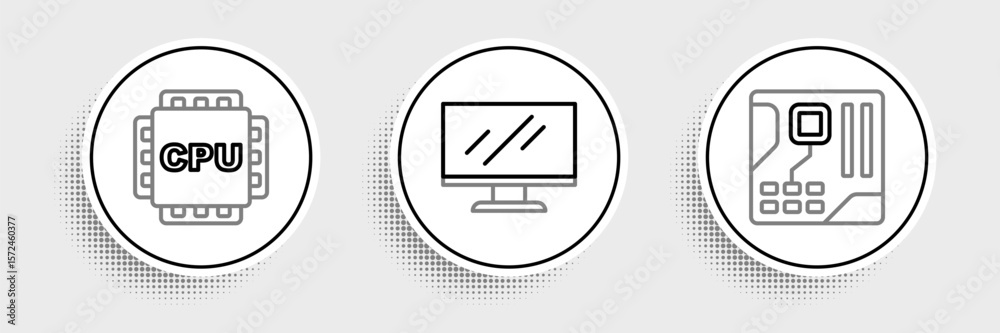 Poster set line motherboard digital chip, processor with cpu and computer monitor screen icon. vector