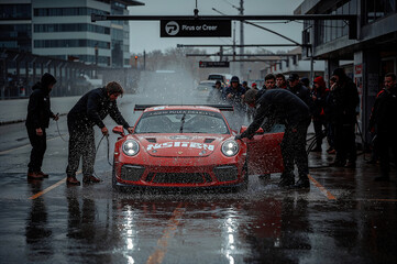 Dynamic action at a rainy race car pit stop