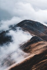 Mountain Peak Fog Dramatic Cloudscape Brown Grassland