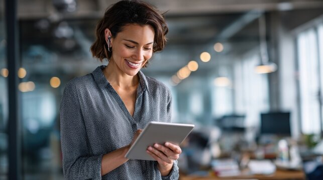 Businesswoman multitasking with a tablet engaging in digital registration approval while on a video call portraying modern workflows and connectivity in business.