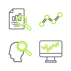 Set line Monitor with graph chart, Search people, Graph infographic and Document icon. Vector