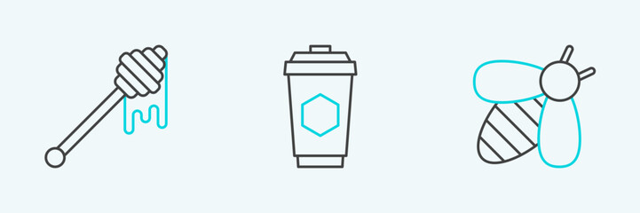 Set line Bee, Honey dipper stick with dripping honey and Cup of tea icon. Vector