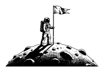 astronaut planting flag on moon surface hand drawn vector © Aisha Kudorova