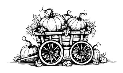 Fototapeta premium vintage wooden cart with pumpkins autumn harvest festival drawing vector pattern shape