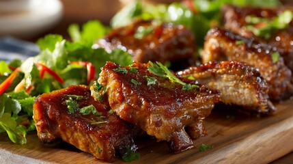 Fototapeta premium Glazed pork ribs with fresh cilantro and a side salad, a delicious barbecue meal, savory gourmet cuisine, perfect for dinner, and appetizing food photography.