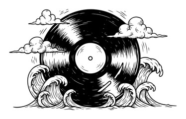 vinyl record with ocean waves surreal hand drawn vector