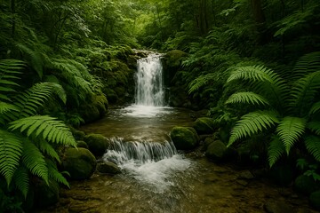 シダと苔に囲まれた森林の滝｜Forest Waterfall Surrounded by Ferns and Moss