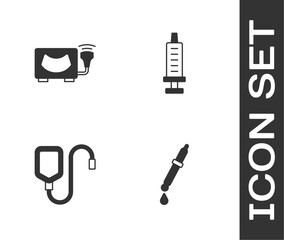 Set Pipette, Ultrasound, IV bag and Syringe icon. Vector