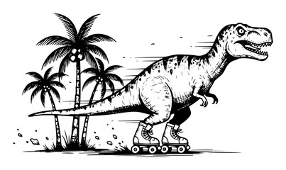 funny t-rex dinosaur on roller skates cartoon sketch © Aisha Kudorova