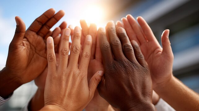 Diverse hands reaching up together, symbolizing unity and collaboration, fostering teamwork and support, embracing diversity and inclusion, and representing hope and a bright future.