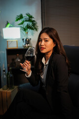 Closeup business woman holding a glass of wine
