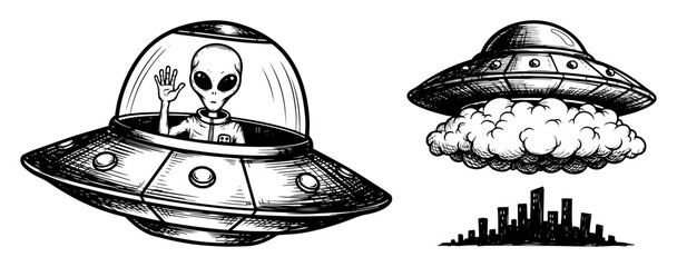 alien in ufo flying saucer sketch set © Aisha Kudorova