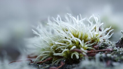 Close-up of a small green plant covered in frost. the plant appears to be a type of moss or lichen, with thin, spiky leaves that are covered in a thin layer of frost.