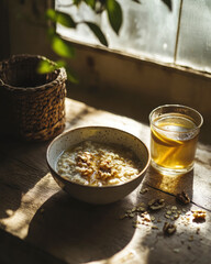 cozy, breakfast concept, creamy oatmeal with honey and walnuts , glass of tea with lemon slice on wooden table, near window with morning light. 