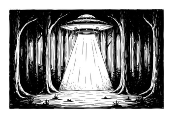ufo abduction scene in a dark forest with light beam vintage vector illustration © Aisha Kudorova