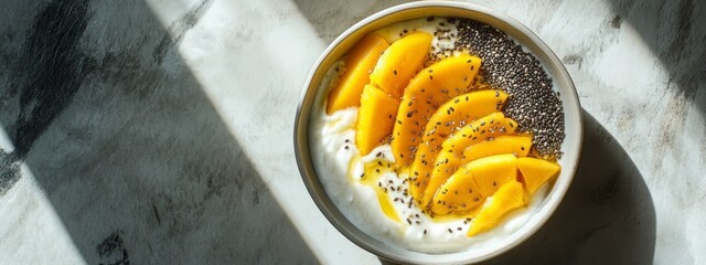 Yogurt in bowl with mango and chia seeds with deep shadow. tropical superfood breakfast that's fresh, creamy, and organic
