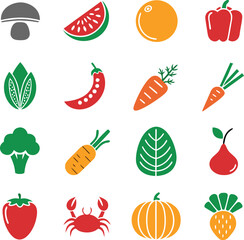 A vibrant collection of colorful flat icons representing various fruits vegetables and a crab isolated on transparent background