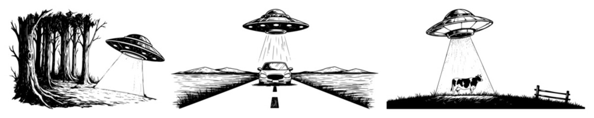 ufo alien abduction scene sketch set