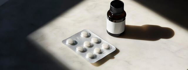 glass bottles and pills on grey background with shadow, treatment concept, dietary supplements. mock up. copy space 