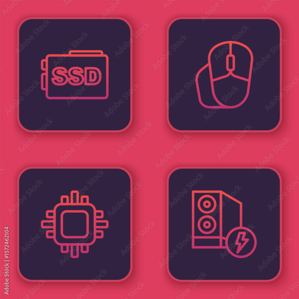 Poster Set line SSD card, Processor with CPU, Computer mouse and Case of computer. Blue square button. Vector