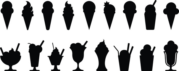 Ice cream silhouette collection, flat black icons, dessert vector illustration, cone and cup designs, sweet treat set, editable CAD artwork