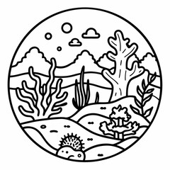 Stylised underwater coral reef scene with marine life isolated on white background